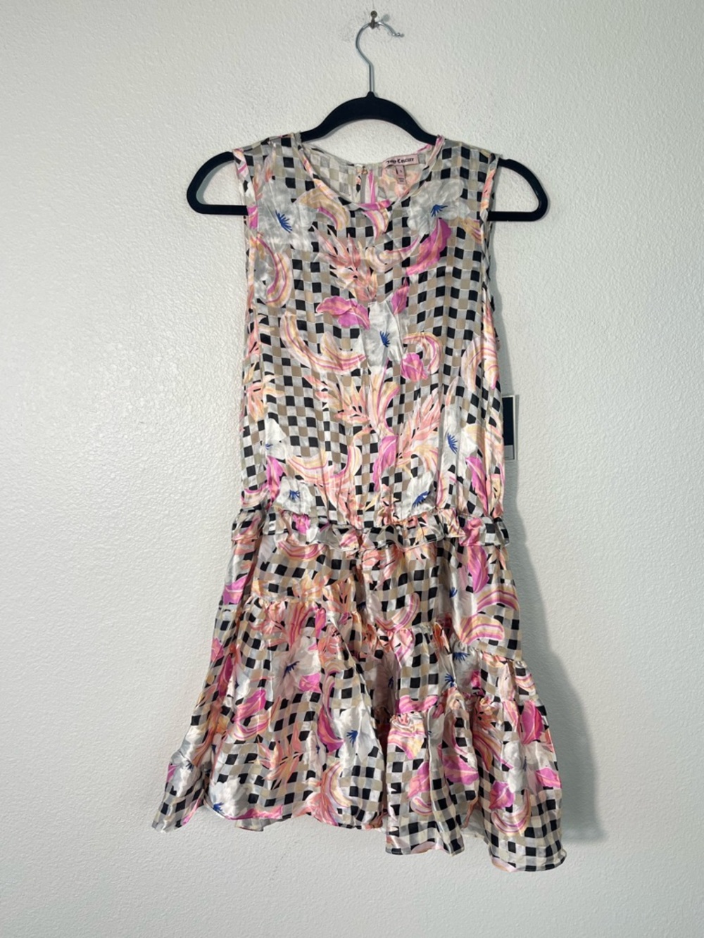 Juicy Couture Floral Burnoul Dress Check Sleeveless Size Small Pink Peach Black